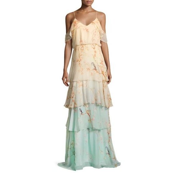 Parker Abby Cold-Shoulder Tiered Silk Georgette Gown Cherry Blossom Size XS - Picture 3 of 12